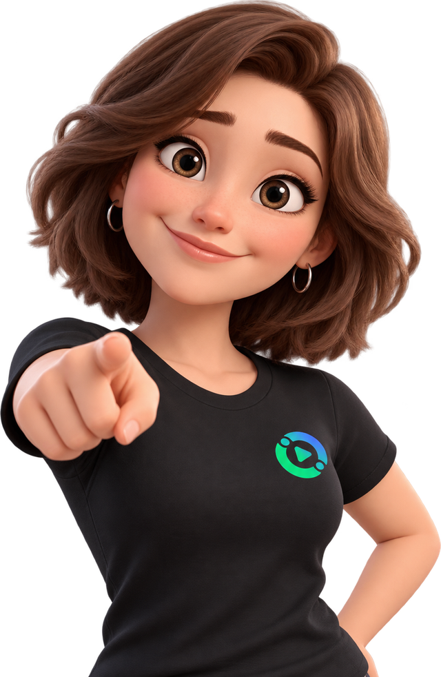Gi, a assistente de inteligência artificial do i-Ganhei, com a camiseta da marca, apontando para quem está lendo.
