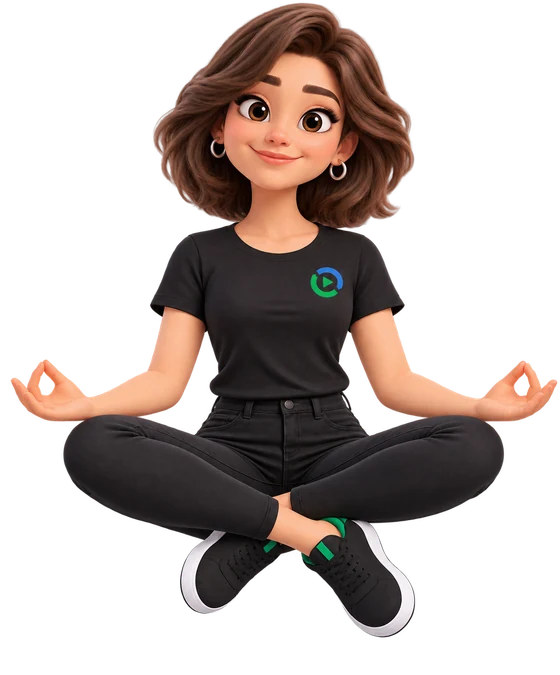 Gi, a assistente de inteligência artificial do i-Ganhei, sentada de pernas cruzadas e levitando